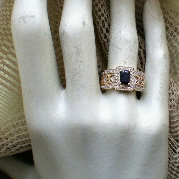 Designer 14K Yellow Gold Sapphire Diamond Halo Cluster Filigree Ring P - Picture 7 of 8